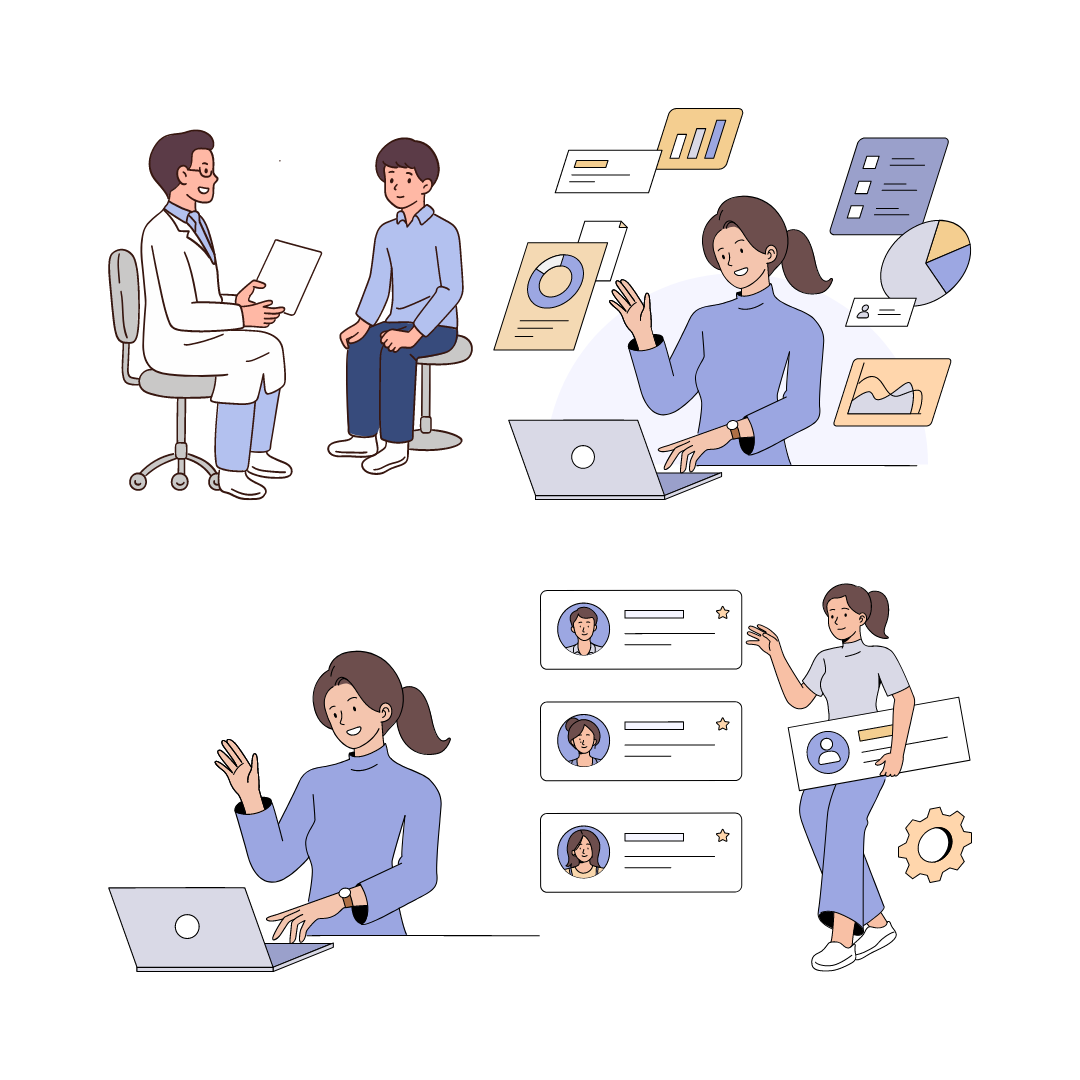 Cartoon image of: A primary care doctor giving a consultation. A women using technology. A women conducting a video consultation. A women pick from a list of job candidates. Image is representative of the findings of the Hewitt Review.