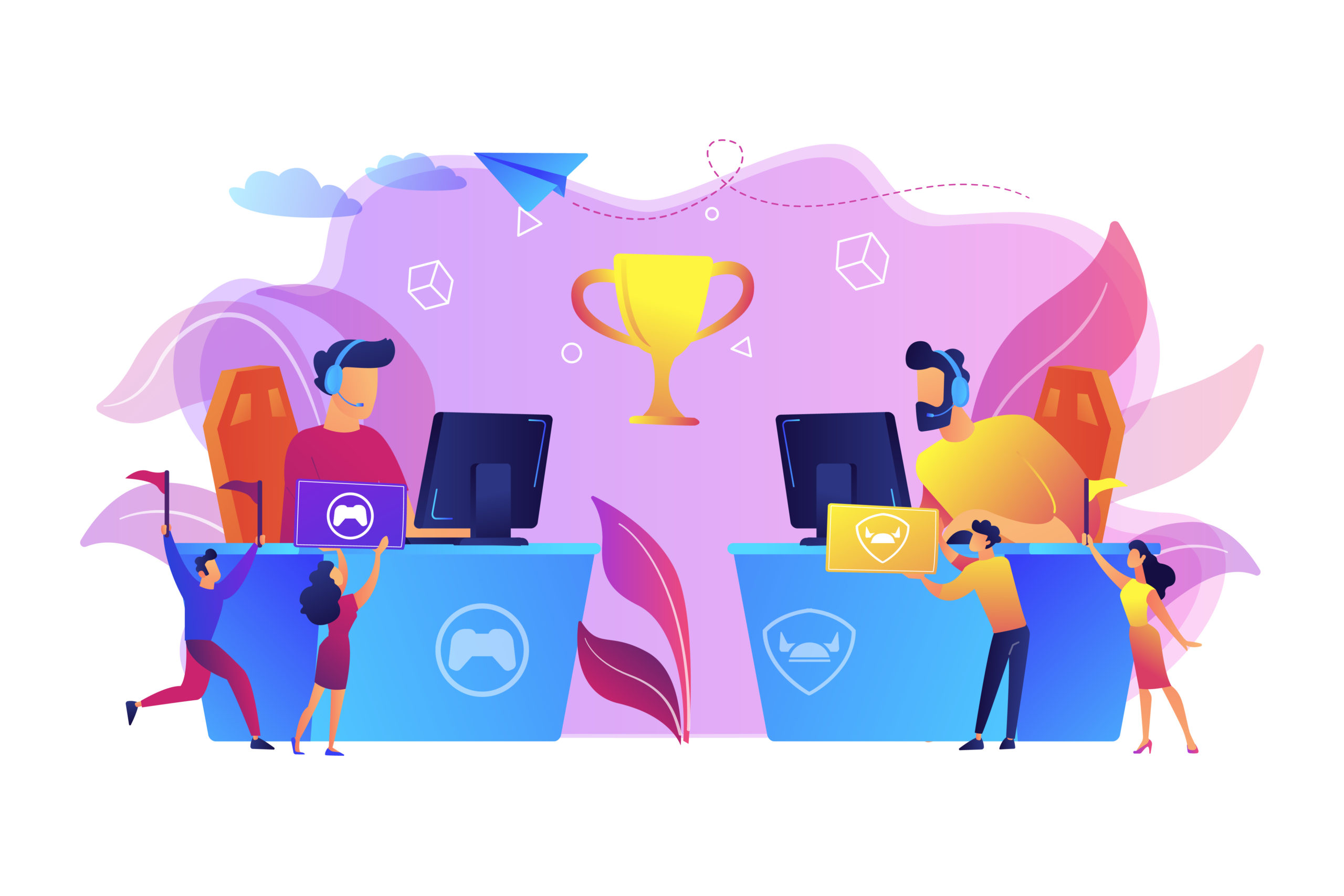 Colourful illustration of diverse people using technology and celebrating and dancing with trophies.