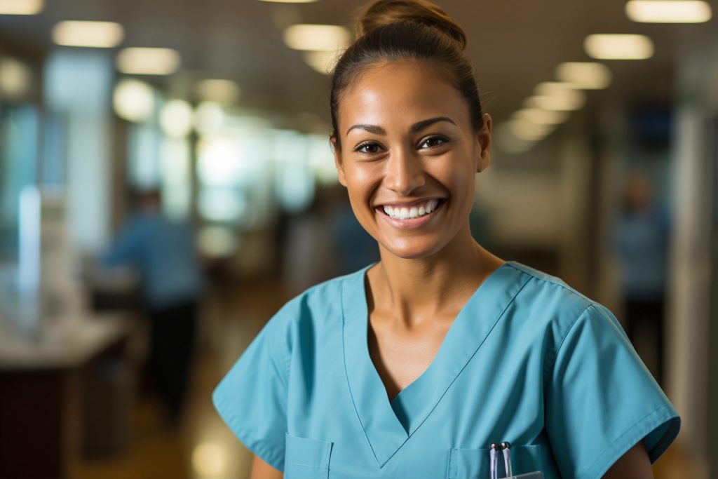 Portrait of happy working nurse