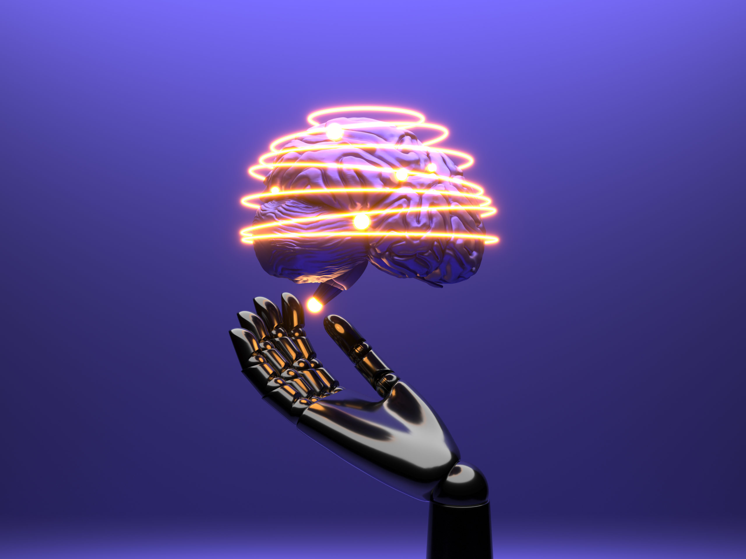 Computer generated image of a roboto hand holding up a human brain that has light circling it. Purple background.